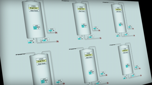 Control room display screen showing multiple tanks and level indication