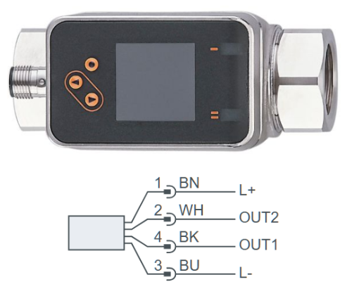 SM flow sensor with traditional wiring diagram below it using two outputs