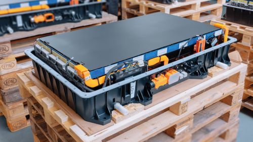 Alt-Text: Batteriemanagement-System in einem robusten Gehäuse mit zahlreichen Anschlussbuchsen auf einer Euro-Palette