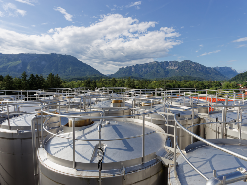 View over cooling tanks to the Berchtesgaden mountains