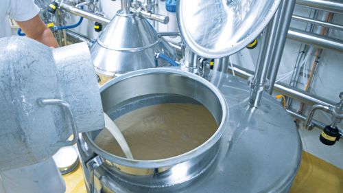 Raw milk is poured from a canister into a large tank