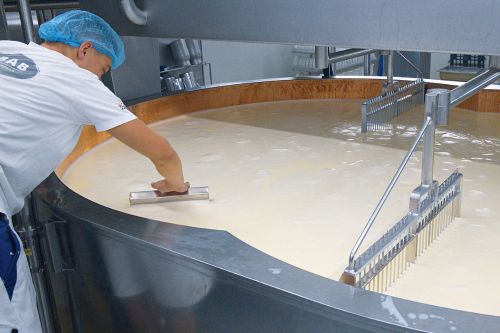 Milk is heated in a tank while being slowly stirred