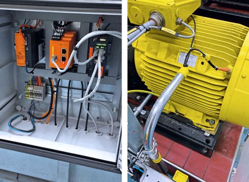 Interior view of the Pentair CMD19’s control cabinet & Close-up of an industrial water pump with vibration sensor