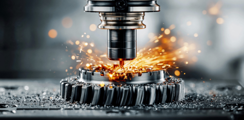 Fräswerkzeug bearbeitet ein Metallzahnrad auf einer CNC-Maschine, während Funken und Metallspäne entstehen