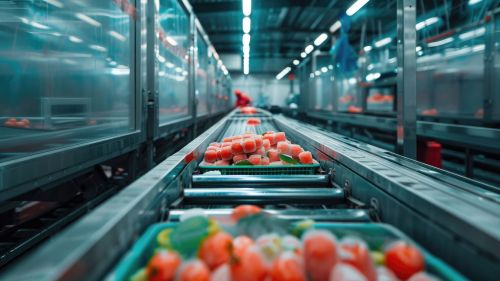 Frozen vegetables in a tote on a conveyor
