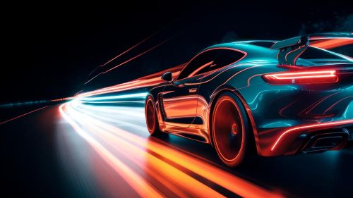 Futuristischer Sportwagen auf Neon-Autobahn