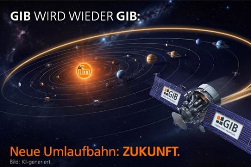 Ein Satellit mit GIB Logo löst sich aus der Umlaufbahn der strahlenden ifm-Sonne. Um die ifm-Sonne kreisen zahlreiche weitere Planeten. Bildtext: GIB wird wieder GIB. Raus aus dem ifm-Orbit. Rein in die Zukunft.
