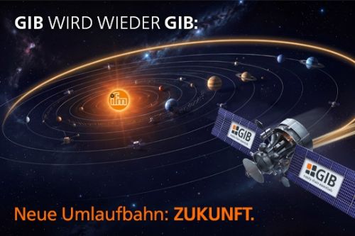 Ein Satellit mit GIB Logo löst sich aus der Umlaufbahn der strahlenden ifm-Sonne. Um die ifm-Sonne kreisen zahlreiche weitere Planeten. Bildtext: GIB wird wieder GIB. Raus aus dem ifm-Orbit. Rein in die Zukunft.