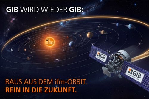 Ein Satellit mit GIB Logo löst sich aus der Umlaufbahn der strahlenden ifm-Sonne. Um die ifm-Sonne kreisen zahlreiche weitere Planeten. Bildtext: GIB wird wieder GIB. Raus aus dem ifm-Orbit. Rein in die Zukunft.