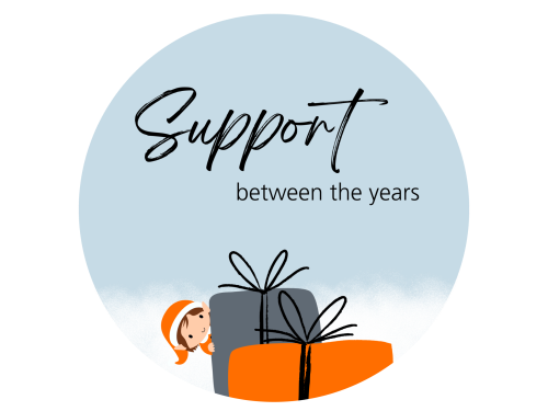Christmas elf behind two presents on a light blue background, with the text “Support between the years” above