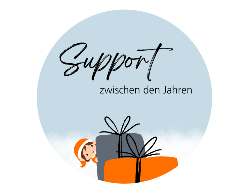 Weihnachtself hinter zwei Geschenken auf hellblauem Hintergrund, darüber der Schriftzug „Support zwischen den Jahren“