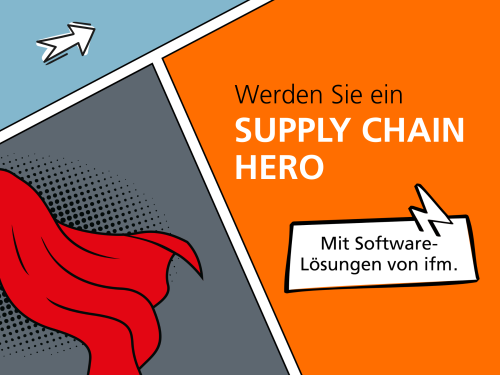 Grafik im Comic-Stil mit rotem Superhelden-Umhang und Text „Werden Sie ein Supply Chain Hero. Mit Software-Lösungen von ifm