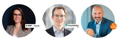 Guests of the LinkedIn Live session: Anna Verena Binz-Mohr (Chemetall/BASF), Dr. Ing. Roman Ungern-Sternberg (Fraunhofer IPA) and Björn Dunkel (ifm), each presented in circular portraits with company logos.
