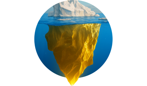 Foto eines Eisbergs, der unter Wasser liegende Teil ist gold eingefärbt