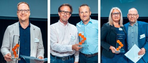 Collage aus drei Bildern, die jeweils die Gewinner des ifm SCM-AWARDS mit ihren Trophäen zeigen