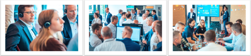 Dreiteilige Fotocollage einer Fachveranstaltung: Links verfolgen Teilnehmende mit Headsets eine Präsentation, in der Mitte diskutieren mehrere Personen vor Monitoren an einem Stehtisch, rechts sitzen kleine Gruppen an Tischen und tauschen sich vor einer Präsentationsfolie aus.