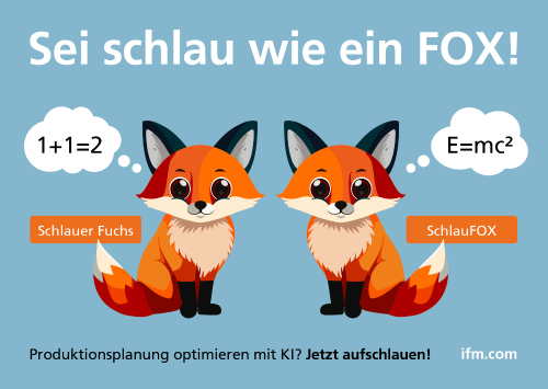 Illustration von zwei Füchsen, die identisch aussehen. Einer von ihnen, der „schlaue Fuchs“, rechnet eine einfache Aufgabe (1+1=2). Der andere, der „SchlauFOX“, rechnet eine komplexe Aufgabe (E=mc2).
