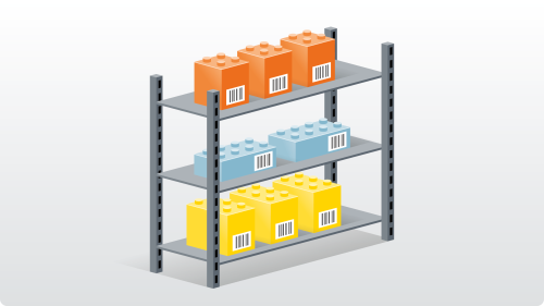 Shelf with different colored clamping blocks with barcodes on them.