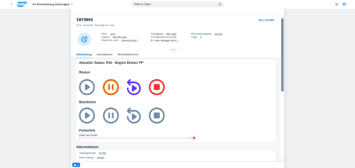 Screenshot der neuen Fiori-App zur Rückmeldung von Fertigungsauftragsvorgängen im Clean Core. Die Ansicht zeigt eine Statusanzeige mit Bedienknöpfen für Start, Pause, Fortsetzen und Stoppen von Aktivitäten, Fortschrittsinformationen sowie weiterführende Details zur Vorgangsmenge.