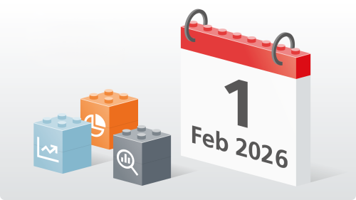 Graphic with three differently coloured building block towers showing symbols for diagram and analysis, as well as a calendar made of building bricks with the date 1 February 2026, symbolising demand planning.