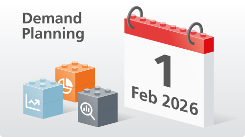 Grafica con tre colonne di mattoncini colorati, ciascuna con simboli di diagrammi e analisi, oltre a un calendario costruito con mattoncini che mostra la data del 1° febbraio 2025: simboleggia la pianificazione della domanda.