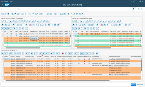 Screenshot: De supply chain-oplossing SCX verdeelt de productie in plannings- en informatiegedeelten