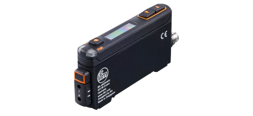 The image shows product photos of ifm’s OCF fibre-optic sensor