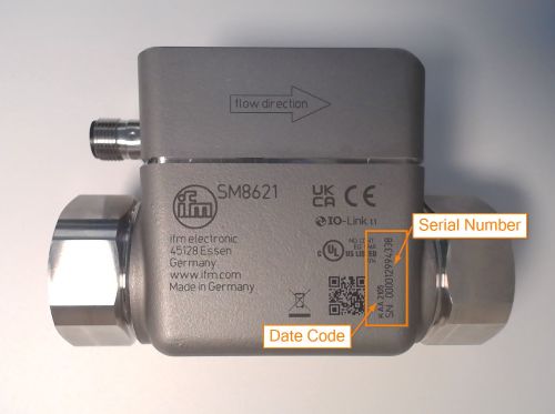 Example of where to find the serial number and date code on a SM flowmeter.