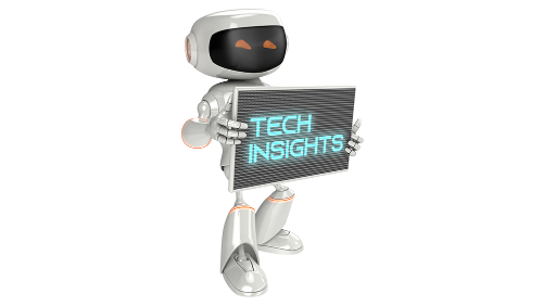 io-nic is a futuristic robot and it is holding a sign that says Tech Insights.