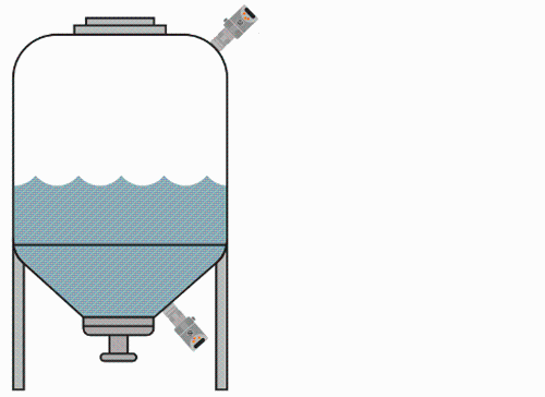 Line draing of tank with liquid inside and pressure sensors at the top of the tank (to measure gas pressure) and at the bottom (to measure liquid level).