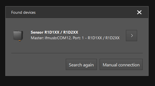 Popup box in vision assistant configuration software indicating where the R1D sensor was found.