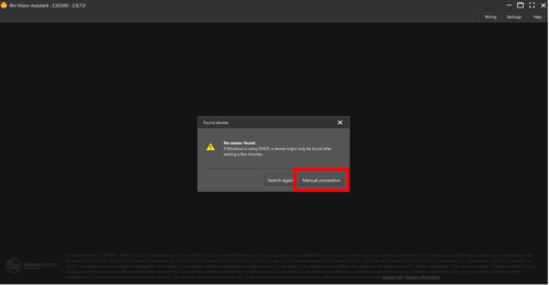 Screenshot showing manual connection of R1D201 to Vision Assistant configuration software