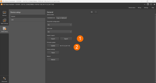 Screenshot of configuration software with callouts for importing and exporting the configuration and firmware updates.
