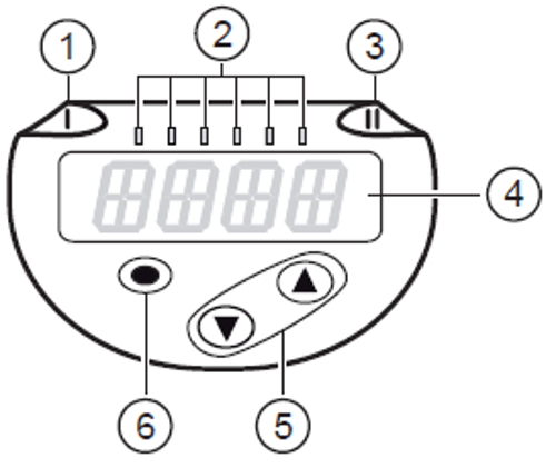 Display of the SA sensor showing the 4-digit LED display, LED indications, and programming pushbuttons.