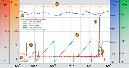 Real-time data showing of compressed air flow rate, temperature, pressure and total consumption