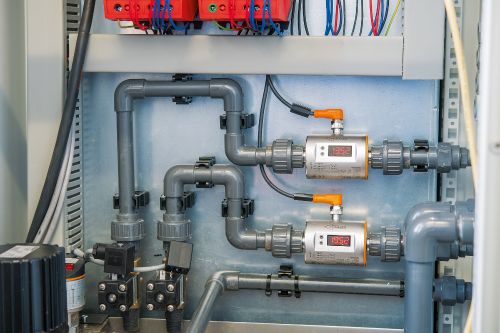 Polymer dispensing skid with SM magmeters mounted with associated valves and piping