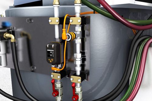 Application photo showing SV voretx meter and pressure sensor mounted on a weld water cooling loop.