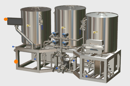 3D rendering of three-tank brewing skid with controls