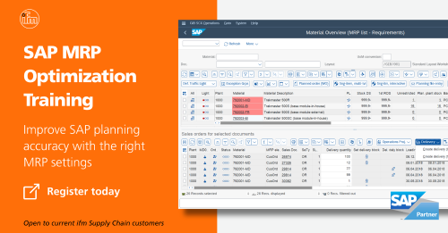 SAP MRP Optimization Training promotional banner featuring an SAP material overview screen and text: ‘Improve SAP planning accuracy with the right MRP settings. Register today. Open to current ifm Supply Chain customers.
