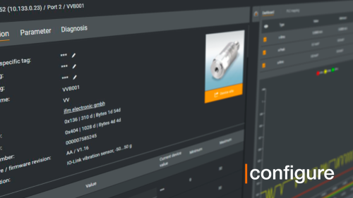 아티클 티저 이미지: moneo configure: 파라메터 세팅 소프트웨어. IO-Link 디바이스 및 ifm IO-Link 마스터의 파라메터 세팅 및 관리를 위한 앱입니다.